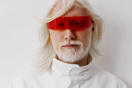 futuristic portrait, modern style, white background, unique eyewear, striking features, artistic representation, contemporary fashion, minimalist aesthetic, vibrant colors, bold expressionの写真素材