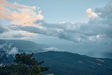 Scenic Ocean View and Clouds from Mountain Top in Greece Travel, Nature, Beauty, Serenity, Adventure, Relaxationの写真素材