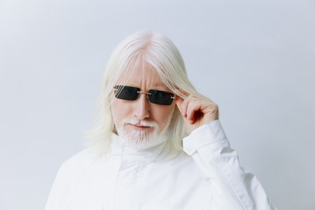 Stylish elderly man with long white hair wearing sunglasses in a modern, minimalist white...