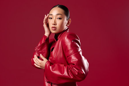 Fashion asian beauty a woman in a red leather jacket posing on a red backgroundの写真素材