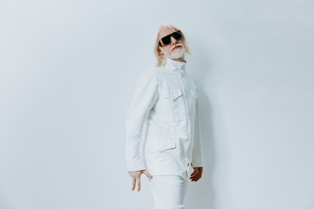 Fashionable man in all white outfit against a plain light background, showcasing a modern and stylish look with sunglasses and long hair Aesthetic vibe with emphasis on contemporary fashionの写真素材