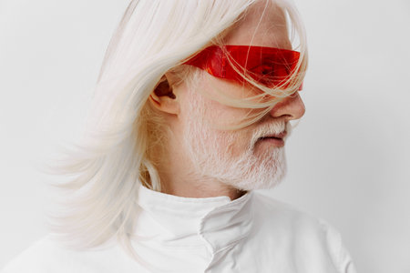 Futuristic elderly man with long white hair and red glasses, against a minimalist white background,...