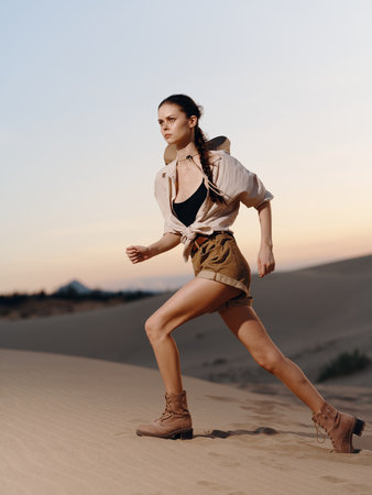 Woman Running through Desert Sand Dunes at Sunset in a Warm, Tranquil Settingの写真素材