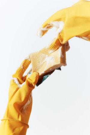 Hands in yellow gloves holding soap and sponge on white backgroundの写真素材
