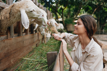A woman feeding sheep from a wooden fence in an outdoor settingの写真素材