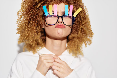 Funny portrait of a woman with curly hair wearing oversized glasses adorned with colorful clips, expressing a playful and silly mood against a bright white backgroundの写真素材