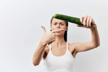 Woman holding cucumber, making a gesture with her hand, expressing a humorous or serious concept against a plain white backgroundの写真素材