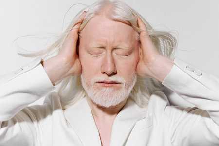 Meditation, mindfulness, calm, serene expression, elderly man with white hair and beard, wearing...