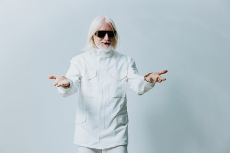 elderly man in white clothing, standing with outstretched arms, sunglasses, light hair, minimalistic background, inviting gesture, modern style, confidence, embracing positivityの写真素材