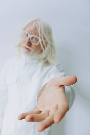 elderly man with long white hair and glasses reaching out, bright white background, expressive gesture, showcasing openness and connection, modern concept of communication and interactionの写真素材