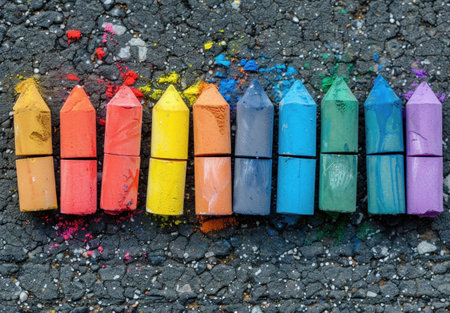 colorful chalk pieces on a rough pavement background showcasing a vibrant spectrum from red to violet, ideal for art and creativity conceptsの素材
