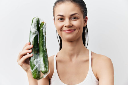 Smiling woman holding cucumbers wrapped in plastic, showcasing healthy eating habits and sustainability concept, bright white background emphasizing freshness and natural beautyの写真素材