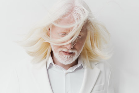 Man with long white hair and beard, wearing a white suit against a white background, creating a serene and elegant look, emphasizes style and sophistication in fashion and portrait photographyの写真素材