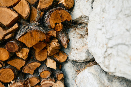 rustic logs stacked against stone wall in lush forest settingの写真素材