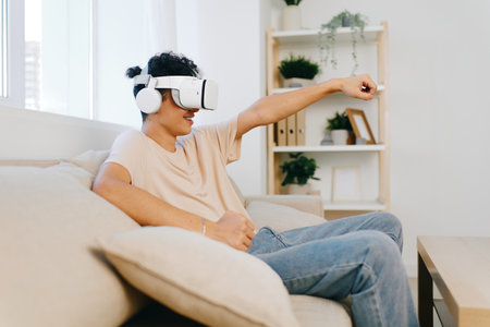 Virtual reality experience, immersive gaming, relaxation in a modern living room with a young person...