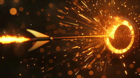 arrow, target, sparks, fire, focus, goals, achievement, success, determination, aim An arrow flies towards a glowing target, surrounded by dynamic sparks and bright bokeh effects on a dark backgrounの素材