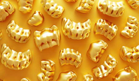 Golden decorative elements, shiny and textured shapes on a vibrant yellow background, symbolizing luxury and celebrationの素材