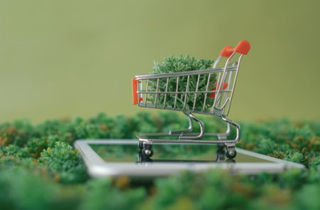 shopping cart, online shopping, eco friendly, greenery, smartphone, digital purchasing, consumerism, sustainable lifestyle, technology interaction, natureの素材