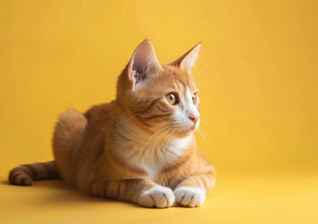 Orange cat lying on a bright yellow background, showcasing its playful and curious demeanor The soft textures of its fur blend beautifully with the vibrant backdrop, creating an eye catching imageの素材