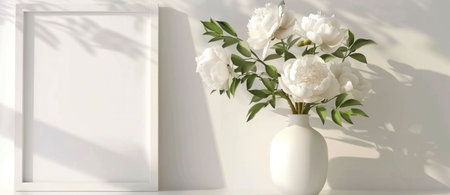 White peonies in a vase next to a blank picture frame on a soft neutral background, creating a serene and elegant atmosphere for home decor, emphasizing simplicity and beautyの素材
