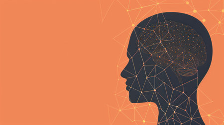 Abstract human head silhouette with neural network concept in dark color against a warm orange background, representing technology and creativityの素材