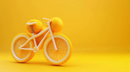 Yellow bicycle with orange wheels on a bright yellow background, showcasing a playful and creative concept, combining fruit and cycling Perfect for vibrant designs and imageryの素材