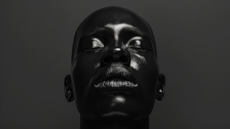 Portrait of a glossy black mannequin head with a serene expression on a dark gray background, highlighting the shiny surface and intricate facial features in striking contrastの素材