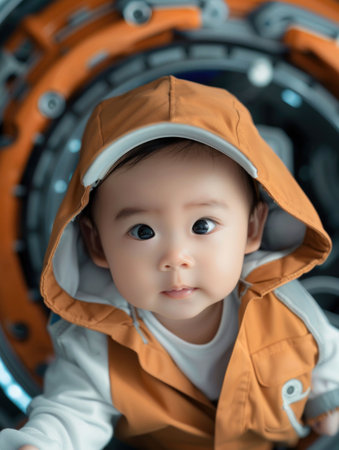 Cute baby in orange hooded jacket with expressive big eyes, set against a futuristic background with colorful details Perfect for family, fashion, and technology themed visualsの素材