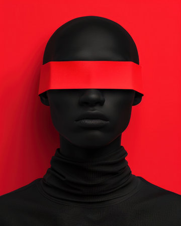 Black mannequin face wearing a red band, against a bold red background, showcasing a striking contrast and modern art concept An intriguing representation of identity and expressionの素材