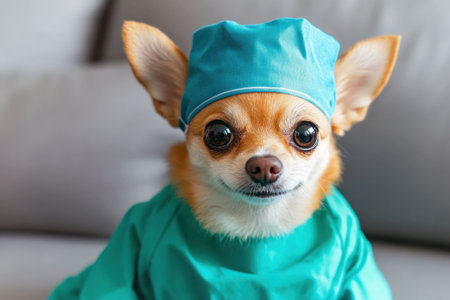 Cute Chihuahua dressed as a veterinarian in teal surgical scrubs, showcasing a playful and humorous concept of pets in medical roles, set against a soft, neutral backgroundの素材