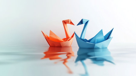 Paper origami swans on still water, one orange and one blue, reflecting beautifully against a minimalist white background, showcasing creativity and harmonyの素材