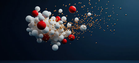 abstract spheres, composition of colorful spheres and particles on a dark background, dynamic movement, vivid colors, artistic representation of energy and creativity, modern designの素材