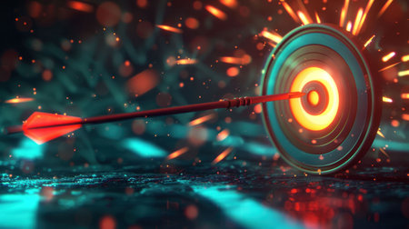 target, arrow, achievement, goal, focus, dartboard, precision, success, strategy, competition, hit, bright, glowing, technology, digital, abstract, blue, orange, sparks, lightの素材
