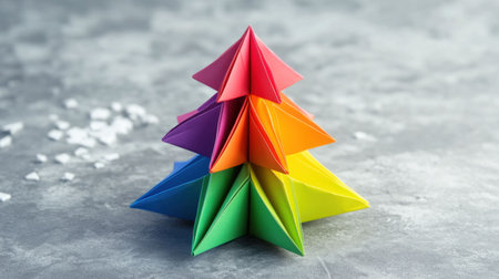 origami Christmas tree, colorful decorations, festive arrangement, vibrant craft design, holiday spirit, paper art, multicolored triangular shapes, handmade, modern decor, playful concept, cheerful tの素材