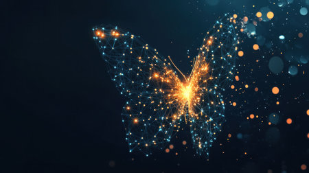 Butterfly, digital art, glowing, sparks, abstract, design, blue background, light particles, technology concept, creative, modern representation of natureの素材