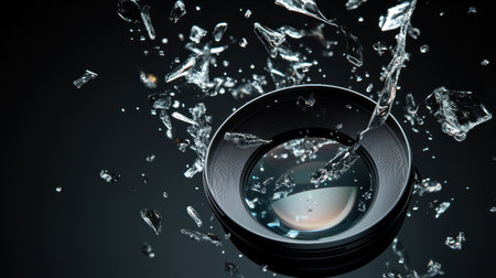water splash, camera lens, glass shards, photography concept, creative design, black background, dynamic motion, artistic imagery, visual impact, high speed captureの素材