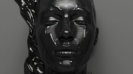 abstract face, monochrome, close up portrait with a glossy black texture, futuristic concept, artistic interpretation, smooth curves, dramatic composition, expressions, emotionの素材