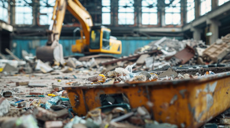 demolition site, construction, abandoned warehouse, machinery, debris, rubble, heavy equipment, urban decay, industrial background, construction work, excavation, destruction, safety, site managementの素材