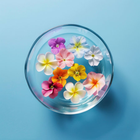 colorful flowers floating in a clear bowl filled with water, creating a serene and peaceful atmosphere on a light blue background with soft lighting effectsの素材