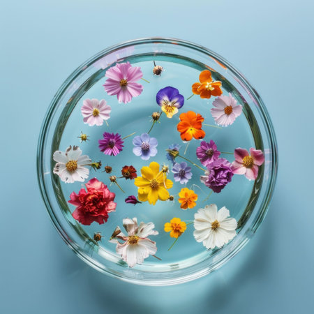 Flower arrangement in a bowl, colorful blossoms floating in clear water, vibrant floral display on a soft blue background, visually appealing and sereneの素材