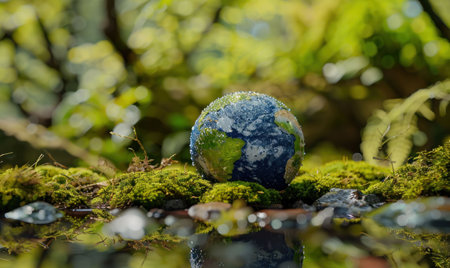 Earth globe on a mossy stone in a lush green forest setting, surrounded by sparkling water droplets and vibrant foliage Nature, environment, and sustainability themes converge beautifullyの素材