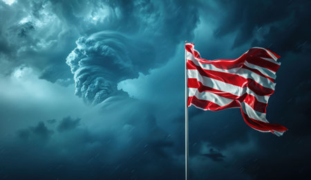 Stormy sky with swirling clouds and a waving red and white flag in the foreground The dramatic contrast of colors enhances the intense atmosphere of the sceneの素材
