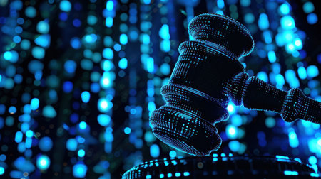 Digital gavel on a blue abstract background showcasing technology, law, and justice in a futuristic style, perfect for concepts related to legal innovations and digital frameworksの素材