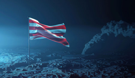 USA flag on lunar surface, dramatic lighting, space theme, stars in background, modern artistic conceptの素材