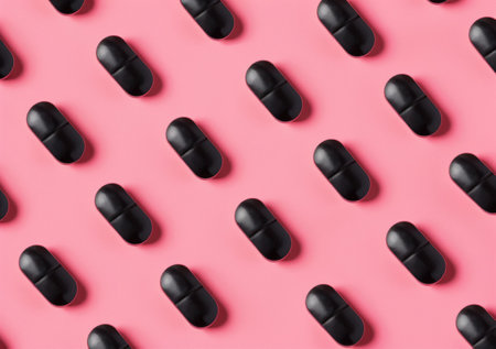 Black capsules on a pink background, arranged in a uniform pattern The contrast creates a striking visual effect, perfect for health or pharmaceutical themesの素材