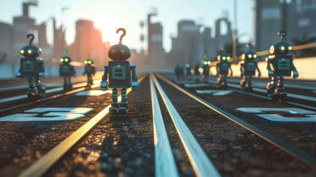 robots, technology, city, futuristic, sunset, urban, AI, automation, artificial intelligence, innovation A group of small, cartoonish robots with glowing eyes standing on a track in a futuristic citの素材