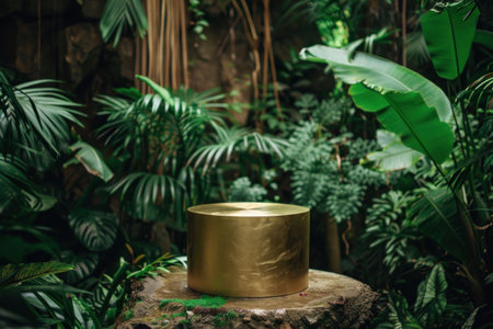 tropical plants, golden pedestal, nature, green foliage, jungle setup, organic, minimalistic design, exotic environment, nature background, lush greenery, peaceful atmosphere, tranquil scene, botanicの素材