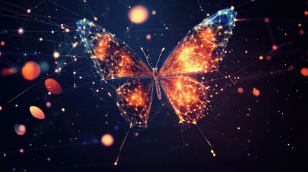 Butterfly, digital art, glowing, abstract representation in vibrant colors against a dark background Elegant design showcasing intricate details and luminous effectsの素材