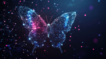 Abstract digital butterfly design with vibrant colors and glowing effects, depicting beauty and transformation against a dark, starlit backgroundの素材