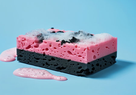 Colorful sponge soaked in foam, featuring a pink top layer and a black bottom layer, resting on a light blue surface with some bubblesの素材